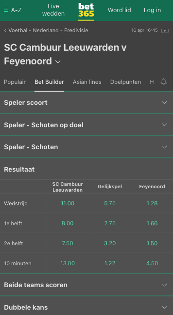 Overzicht van beschikbare weddenschappen in Bet Builder bij Cambuur - Feyenoord