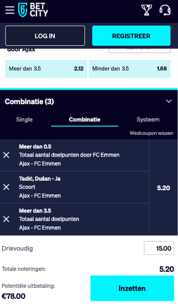 Voorbeeld van een drievoudige Bet Builder weddenschap bij Betcity