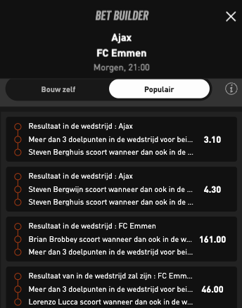Livescore Bet geeft populaire Bet Builder opties aan om te selectere