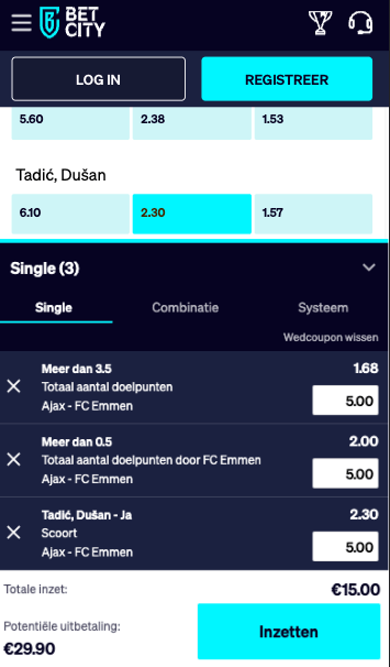 3 single bets van vijf euro bij Ajax - FC Emmen Betcity 15-04-2023