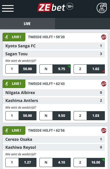 Veel live weddenschappen op de ZEbet app
