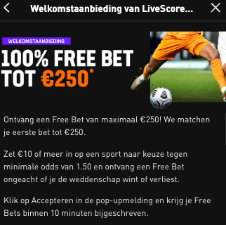 Livescorebet welkomstbonus 2023-tot 250 euro freebet