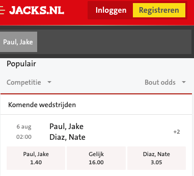 Jacks.nl odds Jake Paul - nate Diaz
