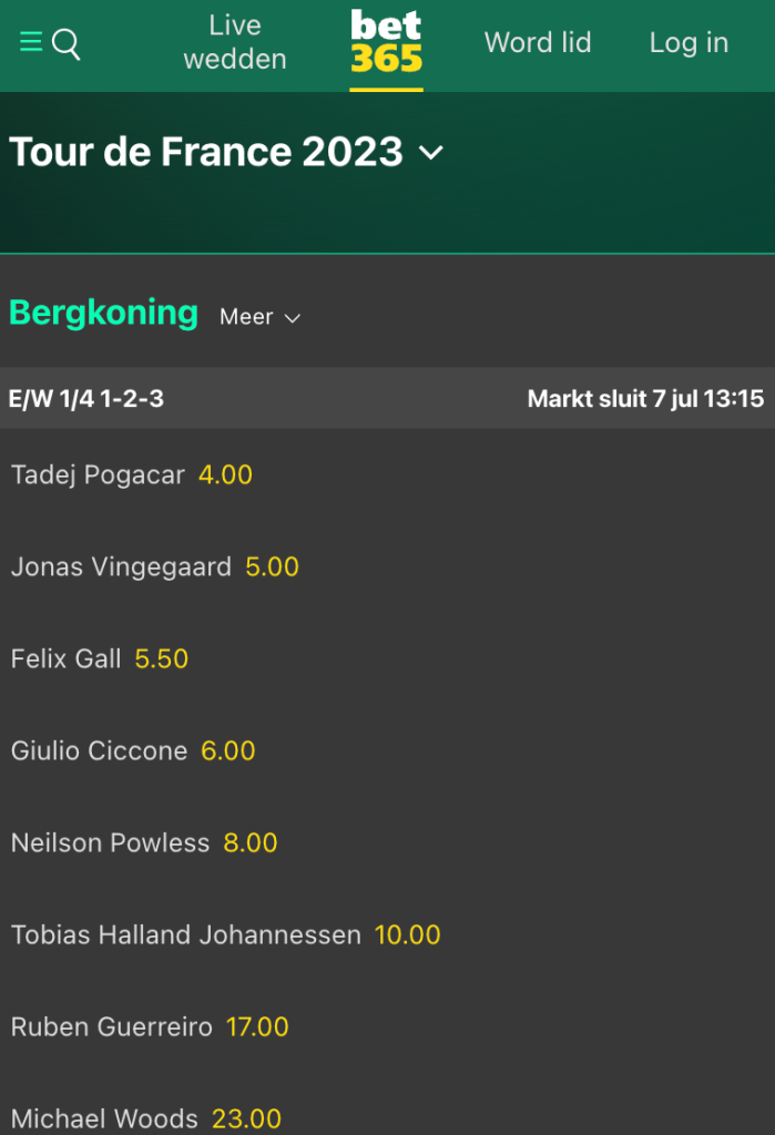 Odds bolletjestrui Tour de France Bet365