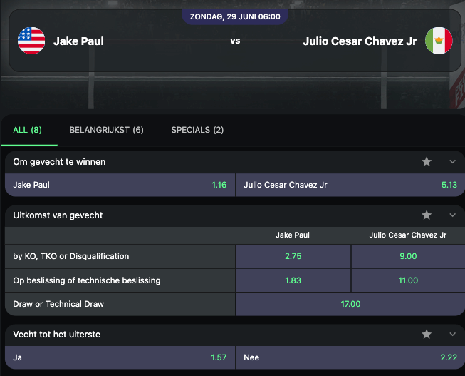 Weddenschappen en odds bij jape Paul vs Chavez wedden