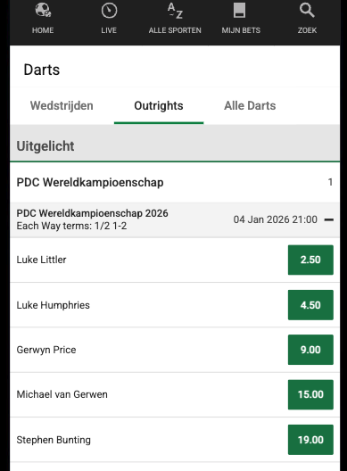 odds pdc world darts matchplay