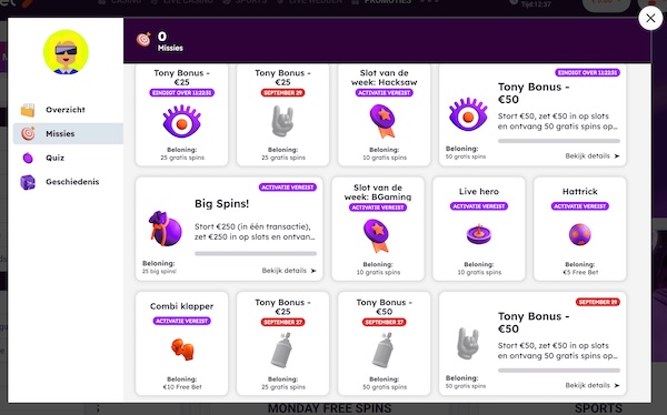 alle tonybet missies